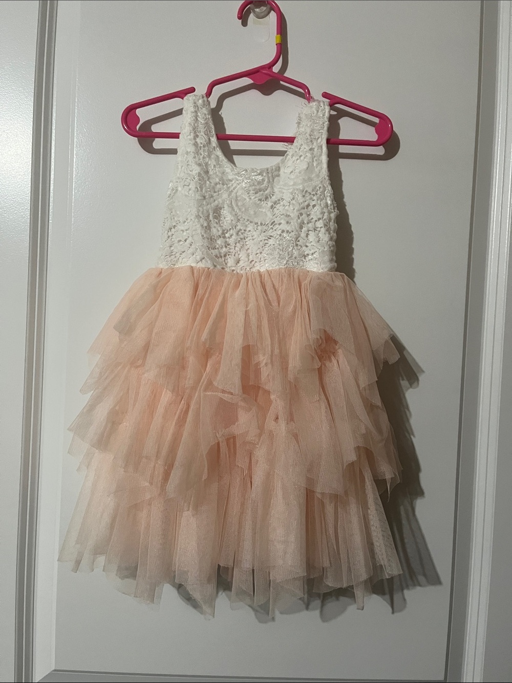 Girls White Lace Bodice Peach Tulle Layered Party Dress